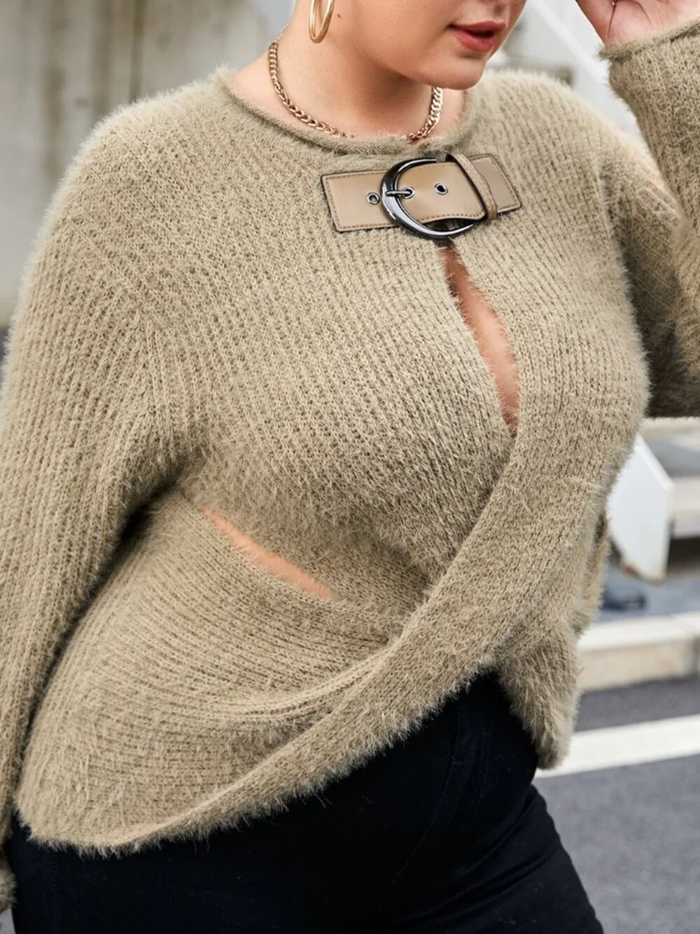 Khaki Sexy Women's Plus Buckled Twist Front Sweater